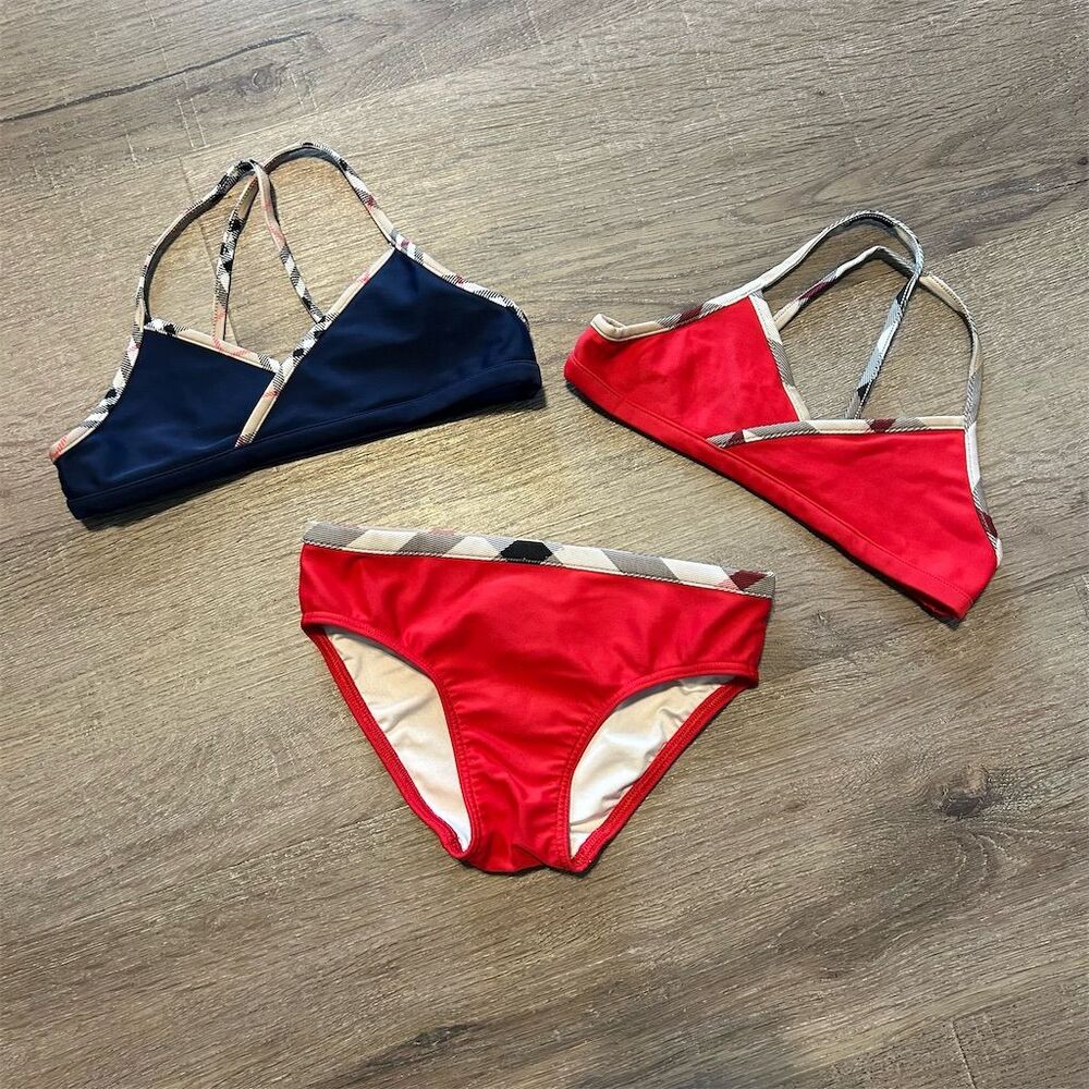 Burberry Girls Red & Navy Check Bikini Swimsuit Size 4T